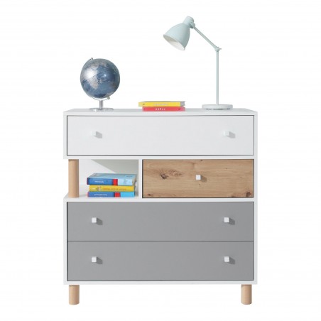 Commode enfant blanc bleu chene, 4 tiroirs, 1 niche, Gamme teen