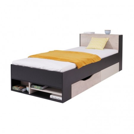 Lit ado en bois, 1 tiroir, 3 niches de rangement, Gamme porto