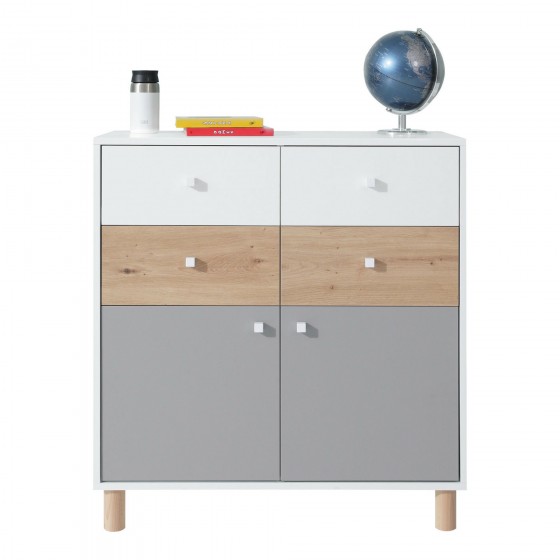 Commode enfant blanc bleu chene, 2 portes et 4 tiroirs, Gamme teen