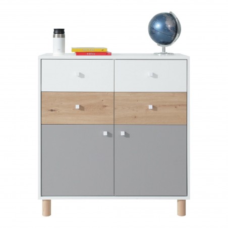 Commode enfant blanc bleu chene, 2 portes et 4 tiroirs, Gamme teen
