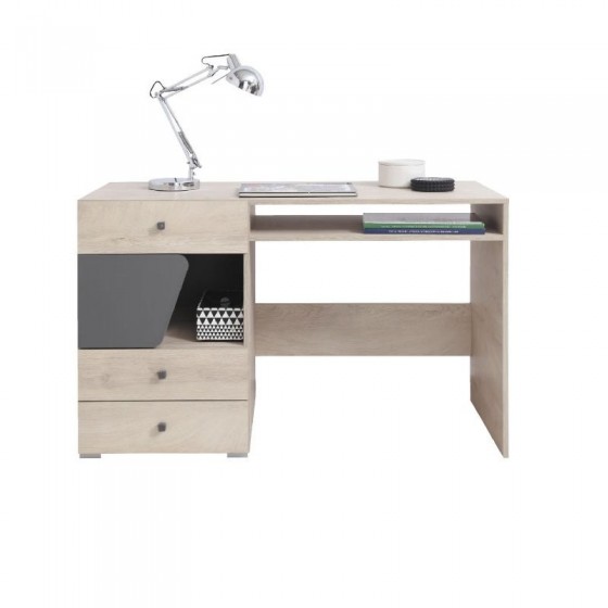Bureau enfant en bois chêne clair et gris, 2 niches, 3 tiroirs, Gamme faro