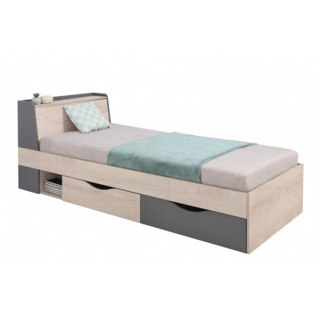 Lit ado en bois blanc et gris, 2 tiroirs, Gamme faro