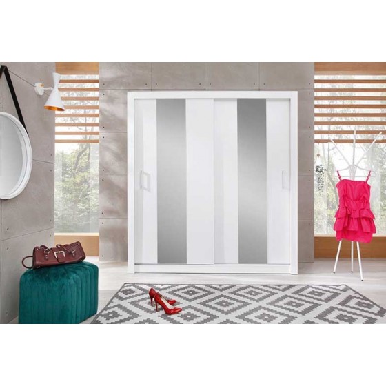 Dressing en bois blanc, 2 portes miroirs coulissantes, 200 cm, Gamme olten