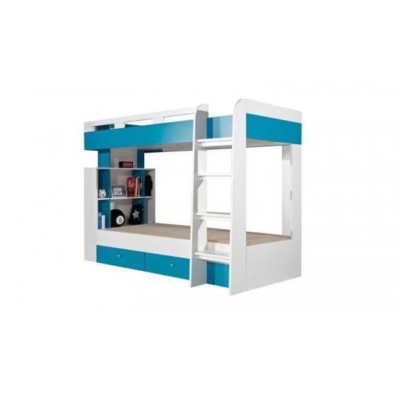 Lit enfant superposé en bois blanc et bleu, 2 couchages, 2 tiroirs, 1 échelle, Gamme braga