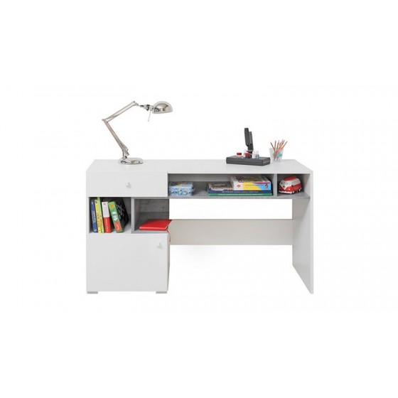 Bureau enfant en bois blanc et béton, 1 porte, 4 niches, 1 tiroir, Gamme elche