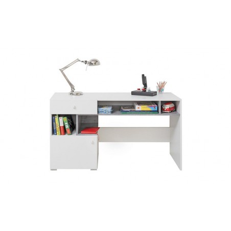 Bureau enfant en bois blanc et béton, 1 porte, 4 niches, 1 tiroir, Gamme elche