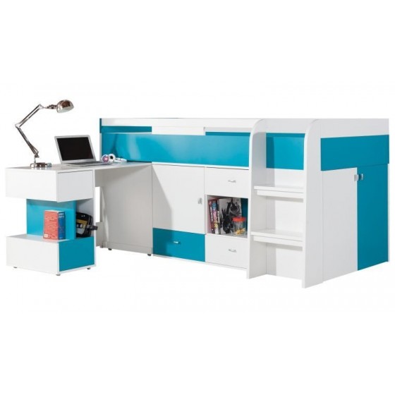 Lit mezzanine enfant en bois, bureau, 3 tiroirs, 3 portes, Gamme braga