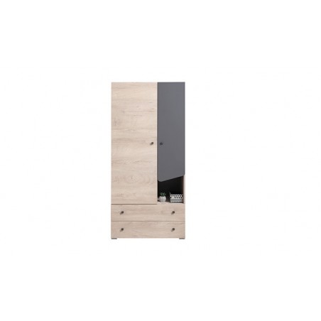 Armoire enfant en bois chêne et gris, 2 portes, 2 tiroirs, Gamme faro