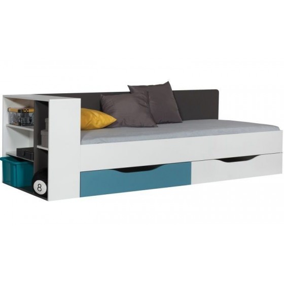 Lit ado en bois, blanc et bleu, espace de rangement, Gamme lagos