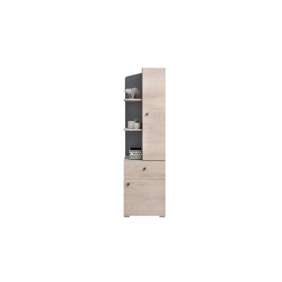 Bibliothèque enfant en bois, chêne et gris, 1 tiroir, 2 portes, 3 niches, Gamme faro