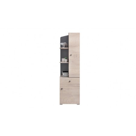 Bibliothèque enfant en bois, chêne et gris, 1 tiroir, 2 portes, 3 niches, Gamme faro