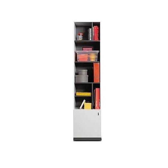 Bibliothèque enfant en bois blanc et gris, 1 porte, 6 niches, Gamme lagos