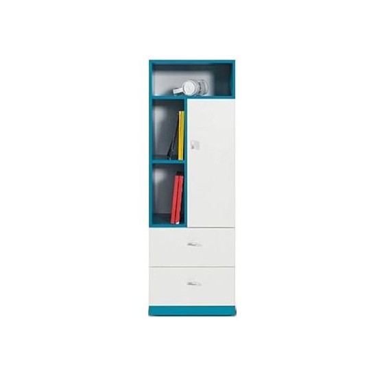 Bibliothèque enfant en bois blanc et bleu, 1 porte, 2 tiroirs, 3 niches, Gamme braga