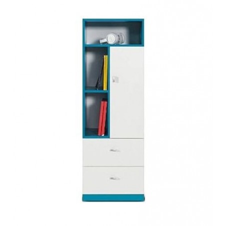 Bibliothèque enfant en bois blanc et bleu, 1 porte, 2 tiroirs, 3 niches, Gamme braga