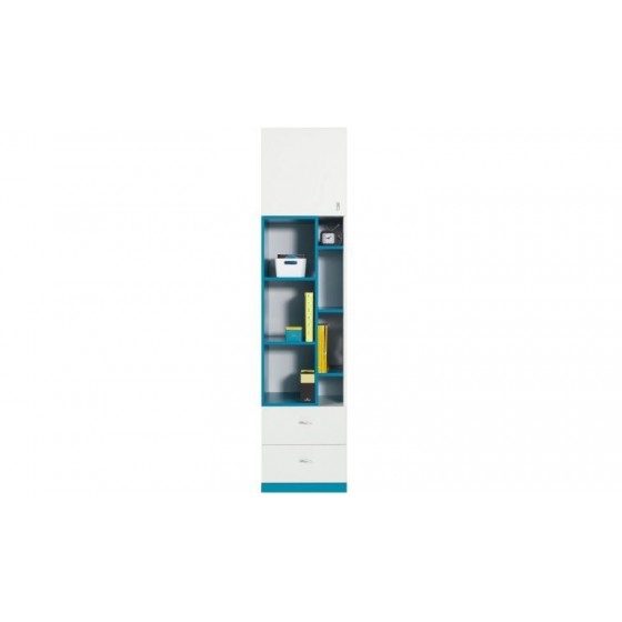 Bibliothèque enfant en bois blanc et bleu, 2 tiroirs, 1 porte, 7 niches, Gamme braga