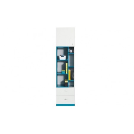 Bibliothèque enfant en bois blanc et bleu, 2 tiroirs, 1 porte, 7 niches, Gamme braga