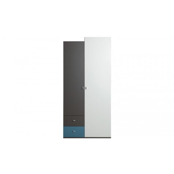 Armoire enfant en bois blanc, bleu et noir, 2 portes, 2 tiroirs, Gamme lagos