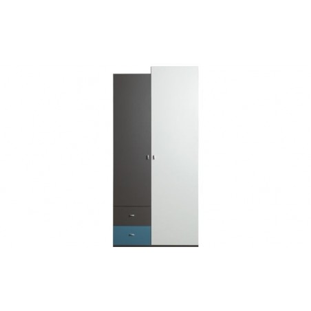 Armoire enfant en bois blanc, bleu et noir, 2 portes, 2 tiroirs, Gamme lagos