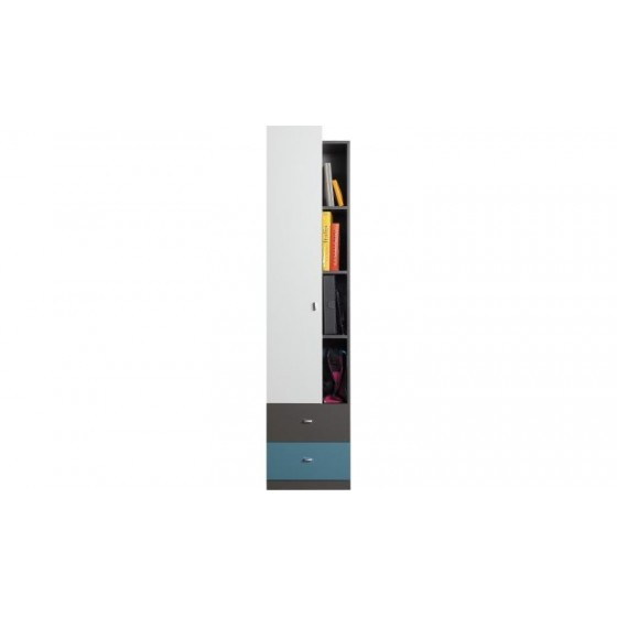 Armoire enfant en bois blanc, bleu et noir, 1 porte, 2 tiroirs, 4 niches, Gamme lagos