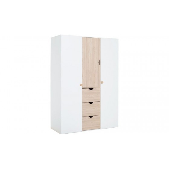 Armoire enfant en bois gris blanc et chêne, 3 portes, 3 tiroirs, Gamme tavira