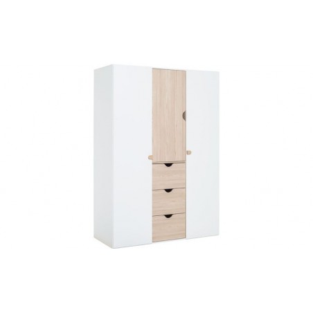 Armoire enfant en bois gris blanc et chêne, 3 portes, 3 tiroirs, Gamme tavira