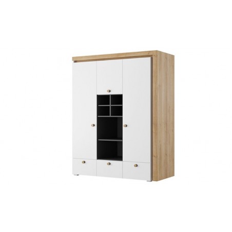 Armoire enfant en bois blanc, noir et chêne, 3 portes, 3 tiroirs, 6 niches, Gamme ypres