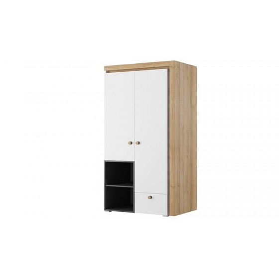 Armoire enfant en bois blanc, noir et chêne, 2 portes, 1 tiroir, 2 niches, Gamme ypres