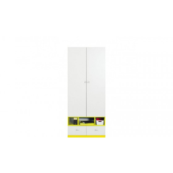 Armoire enfant en bois blanc et jaune, 2 portes, 2 tiroirs, 3 niches, Gamme mouscron