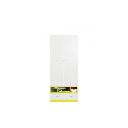 Armoire enfant en bois blanc et jaune, 2 portes, 2 tiroirs, 3 niches, Gamme mouscron