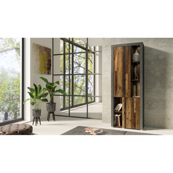 Meuble bibliothèque style industriel, 2 portes 5 niches, couleur noir et bois, Gamme Nala