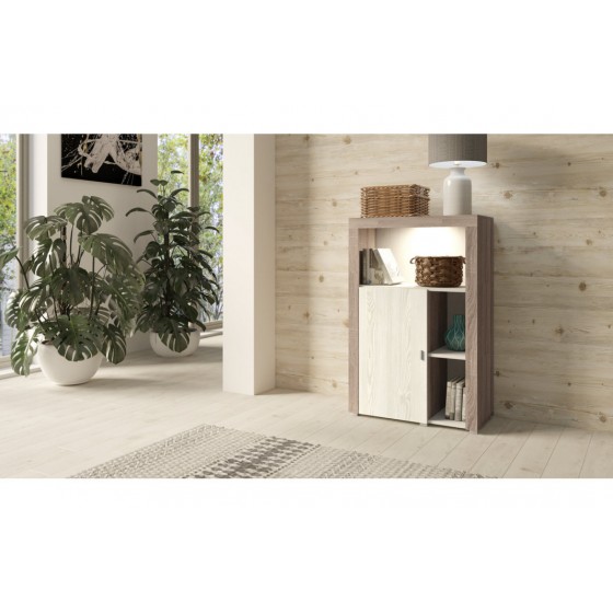 Meuble bibliothèque 1 porte 3 niches, couleur blanc et bois, Gamme NalaW