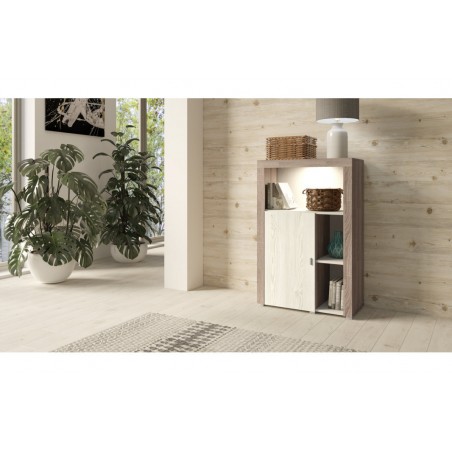 Meuble bibliothèque 1 porte 3 niches, couleur blanc et bois, Gamme NalaW