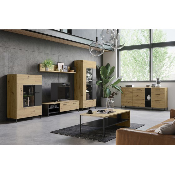 Bibliothèque, 1 tiroir et 6 niches, pieds en métal, couleur chêne artisanal avec éléments noirs mats