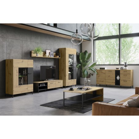 Bibliothèque, 1 tiroir et 6 niches, pieds en métal, couleur chêne artisanal avec éléments noirs mats