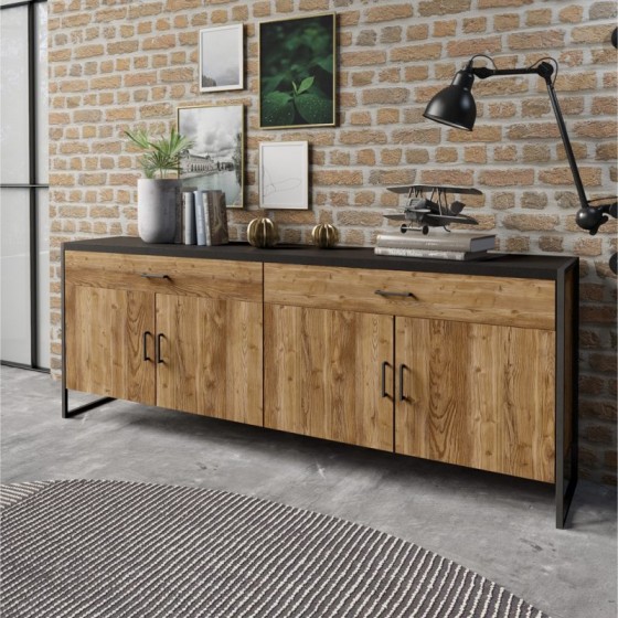 Buffet en bois, 204 cm longeur, 2 tiroirs 4 portes  style industriel, Gamme factory
