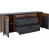 Buffet style industriel, 197 cm de longueur, 2 portes 3 tiroirs et 4 niches, Gamme Buffo