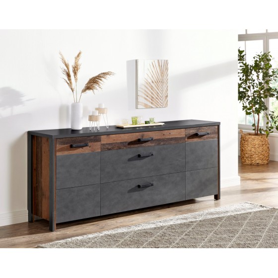 Buffet style industriel, 197 cm de longueur, 2 portes 3 tiroirs et 4 niches, Gamme Buffo