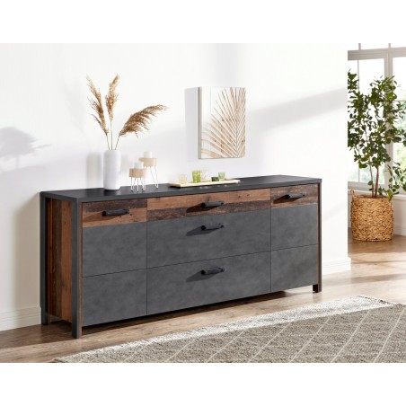 Buffet style industriel, 197 cm de longueur, 2 portes 3 tiroirs et 4 niches, Gamme Buffo