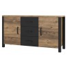 Buffet 2 portes et 3 tiroirs, couleur chêne et noir, Gamme HUD