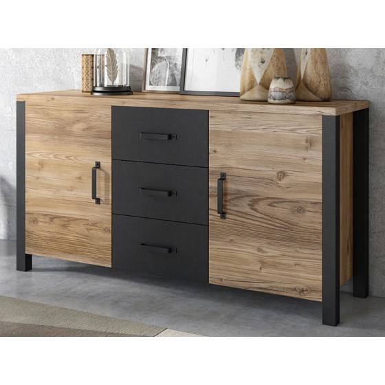 Buffet 2 portes et 3 tiroirs, couleur chêne et noir, Gamme HUD