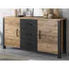 Buffet 2 portes et 3 tiroirs, couleur chêne et noir, Gamme HUD