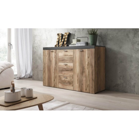 Buffet en bois, noyer et noir, 3 tiroirs, 2 portes, Gamme gand