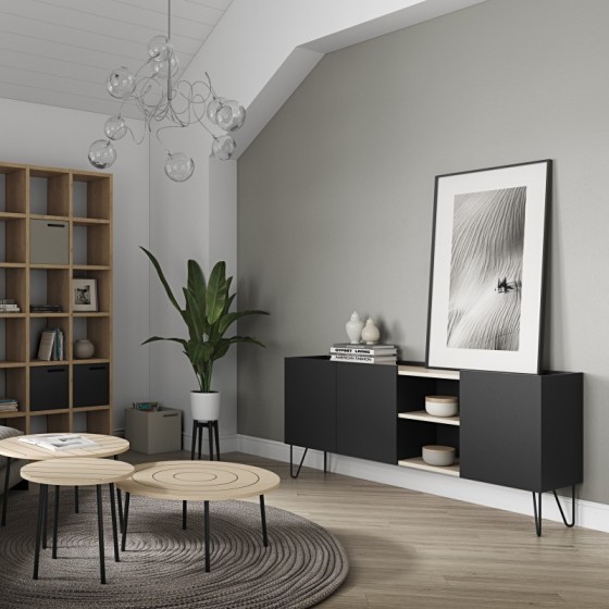 Buffet design, 180 cm longeur, 3 portes, chêne et noir, Gamme nina