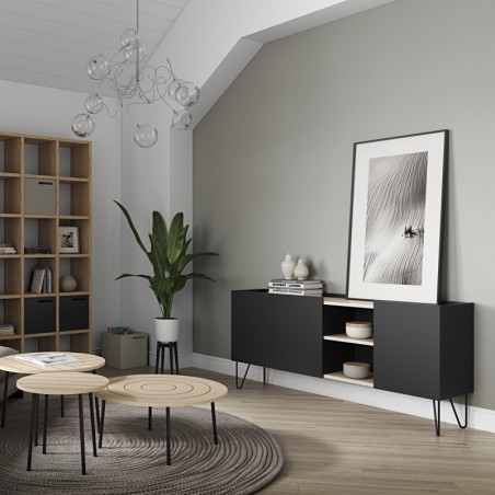 Buffet design, 180 cm longeur, 3 portes, chêne et noir, Gamme nina