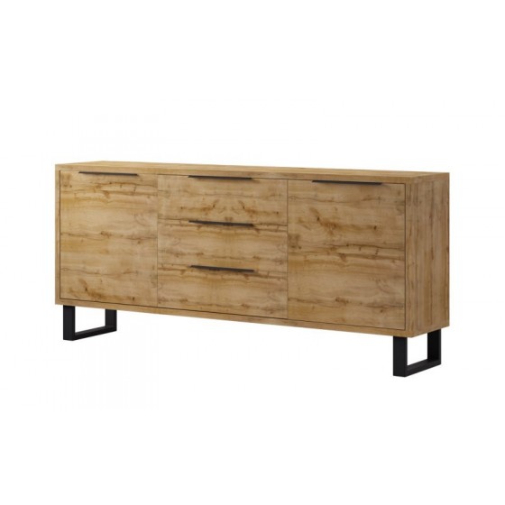 Buffet en bois, 201 cm longeur, 2 portes 3 tiroirs, couleur Chêne, Gamme Alls