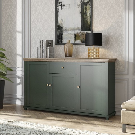 Buffet 3 portes 1 tiroir, couleur vert et chêne, Gamme Evovert