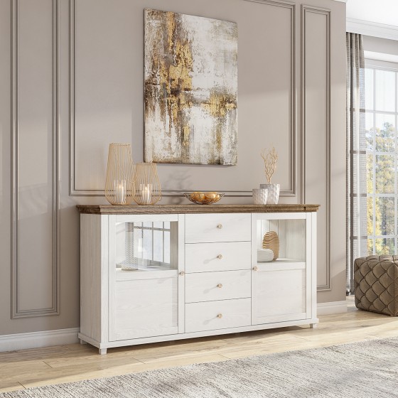 Buffet 2 portes et 4 tiroirs, couleur blanc, Gamme EvoBlancW
