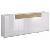 Buffet en bois, 208 cm de longueur, 4 portes 1 tiroir, couleur blanc et chêne, Gamme Dole