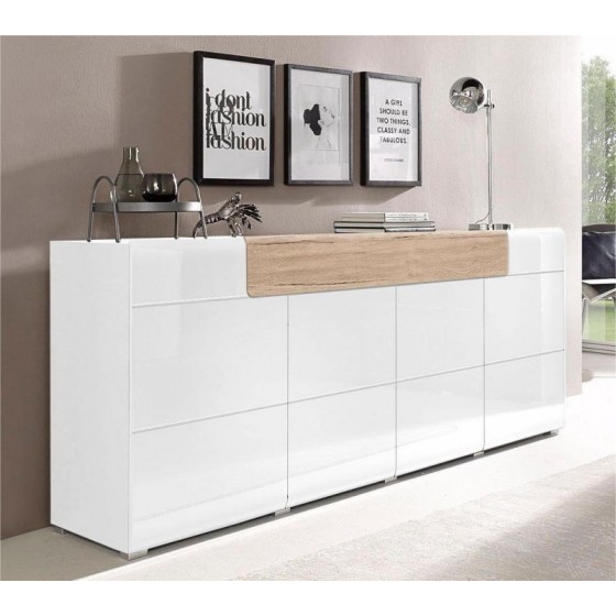 Buffet en bois, 208 cm de longueur, 4 portes 1 tiroir, couleur blanc et chêne, Gamme Dole
