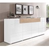 Buffet en bois, 208 cm de longueur, 4 portes 1 tiroir, couleur blanc et chêne, Gamme Dole